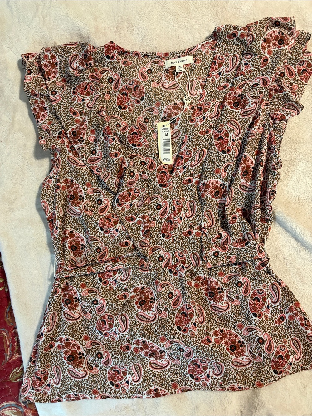 Max Studio Pink and Brown Paisley Ruffle V-Neck Blouse